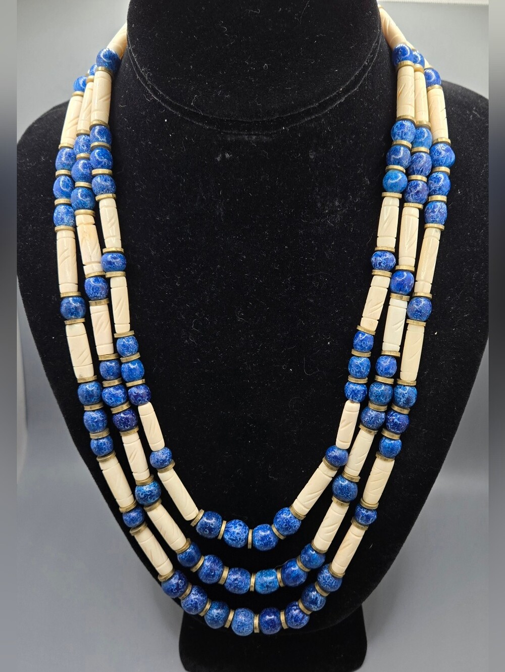Boho Necklace Triple-Strand Natural Carved Bone & Blue Sponge Coral